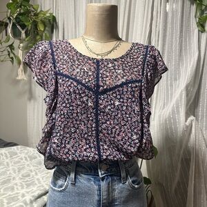 Ariat Navy and Pink Floral Blouse